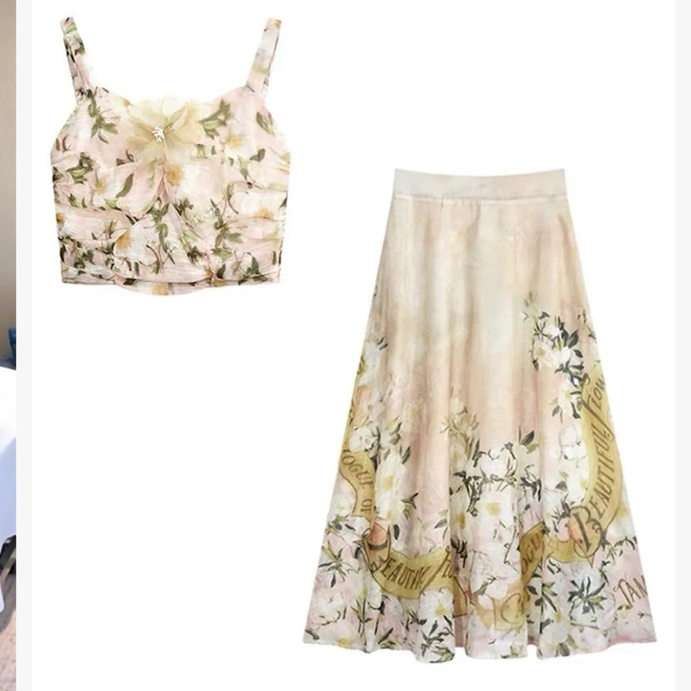 NWT Elegant Vintage Inspired Coastal Garden Floral CropTop/Maxi Skirt Set S